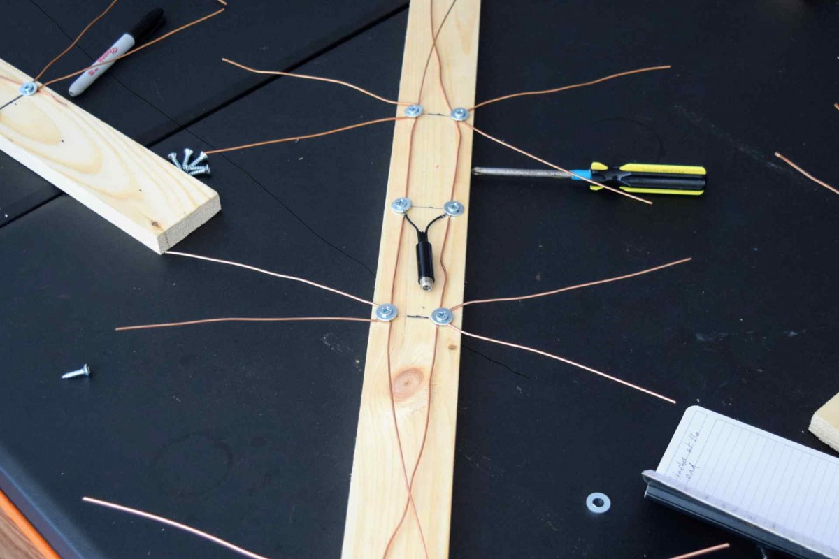 Finished DIY antenna laid on a table