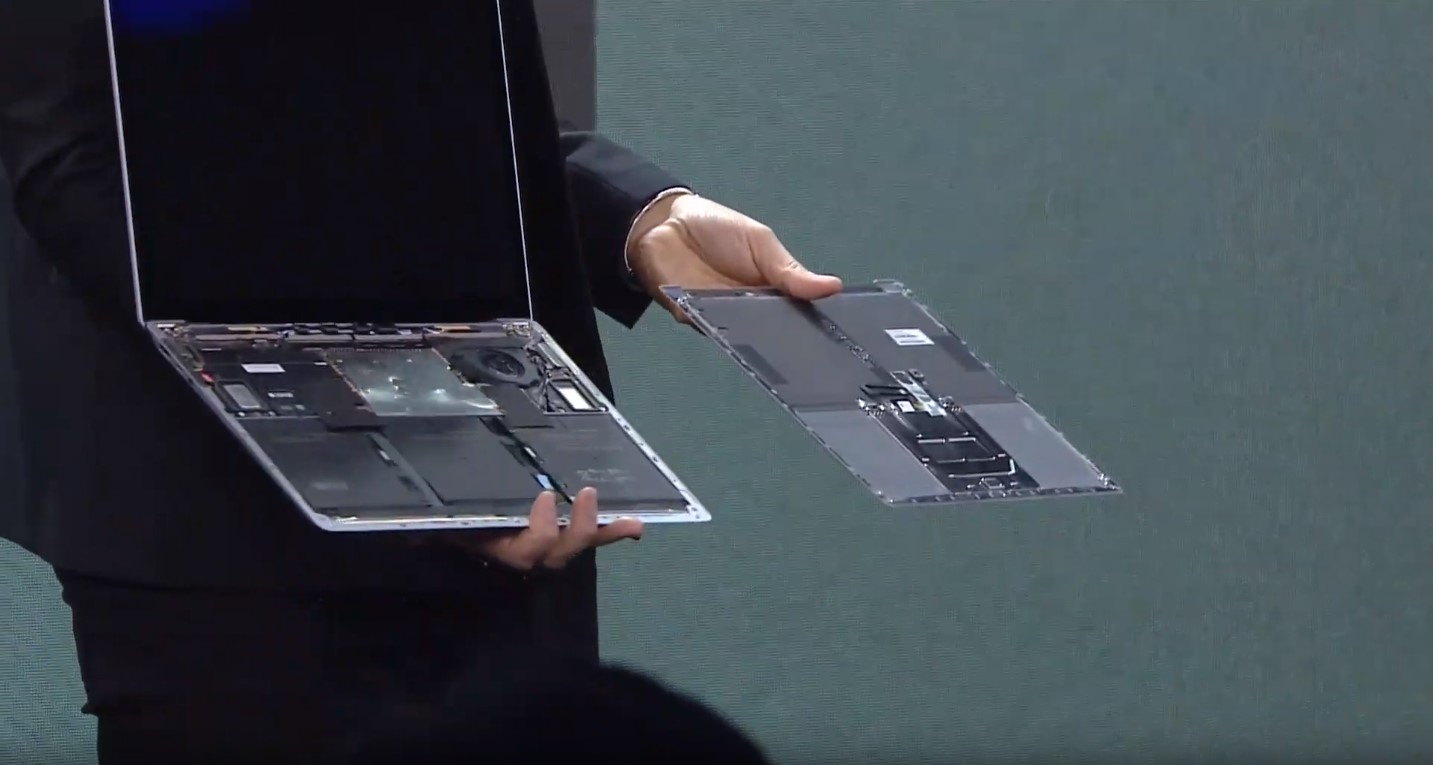 Panos Panay removes the upper case of the Microsoft Surface Laptop on stage