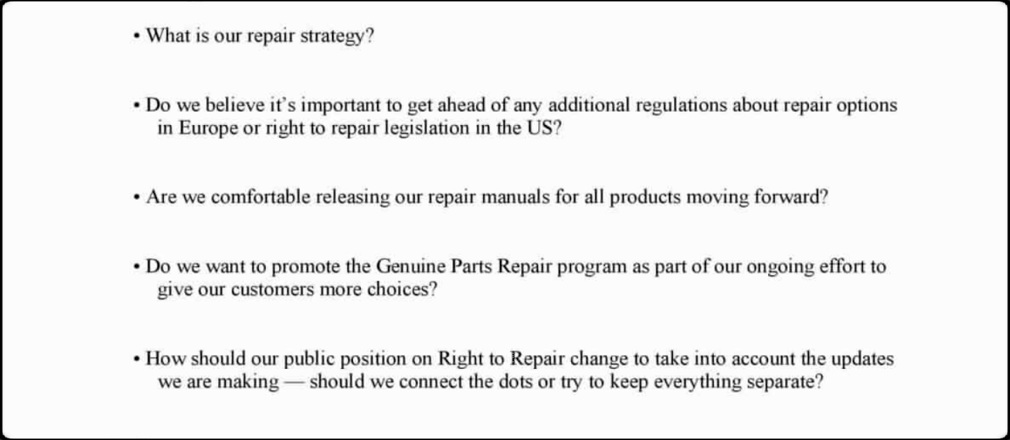 Image of an internal Apple email, asking "What is our repair strategy?"