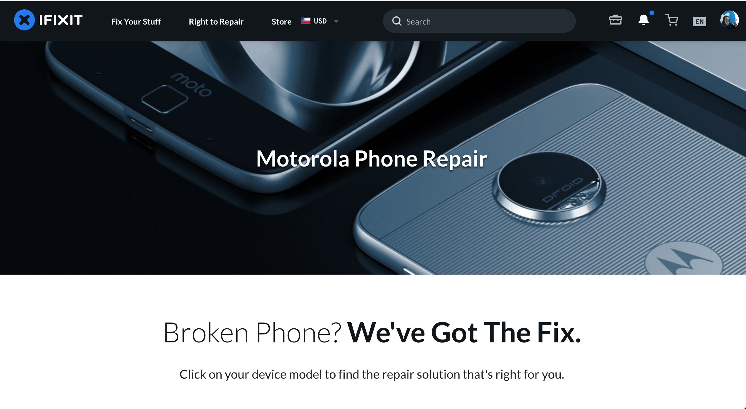 Screenshot of Motorola partnership page on ifixit.com