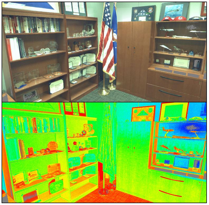 Image of military office alongside a color-coded LiDAR map of same office.