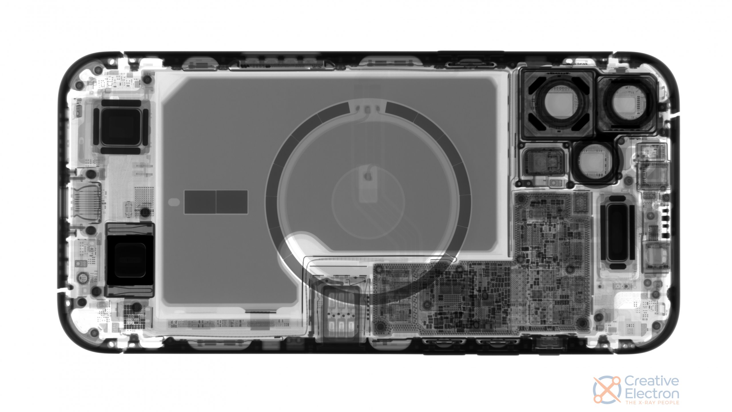 iPhone 12 Pro in X-ray, showing off the steel enclosure.