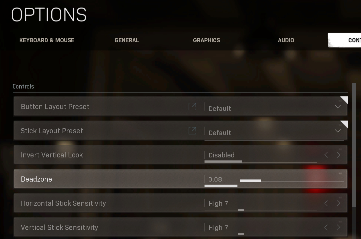 Options screen for Call of Duty: Modern Warfare, with Deadzone option highlighted.