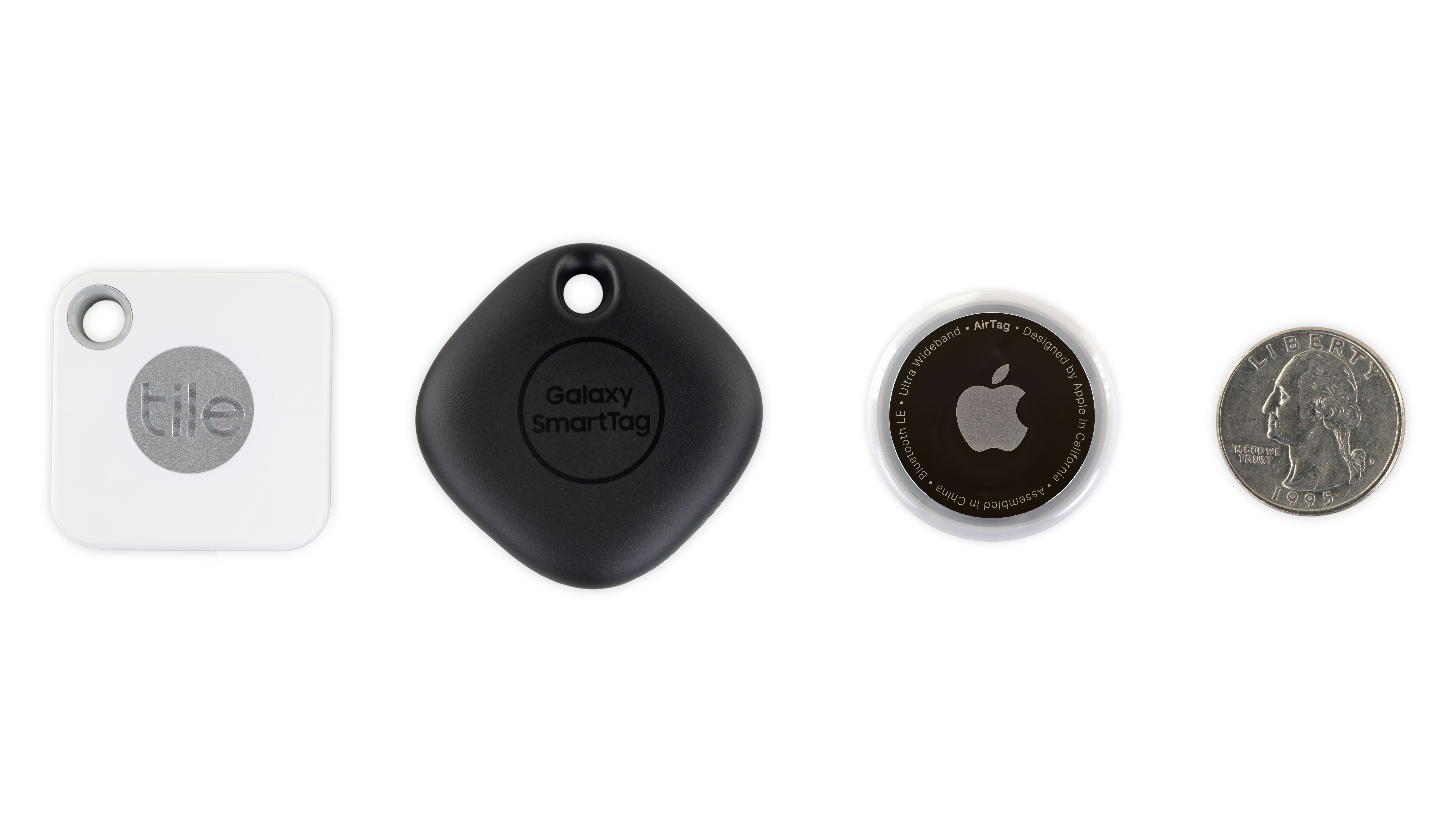 Tile Mate, SmartThings SmartTag, and Apple AirTag, and a U.S. quarter.