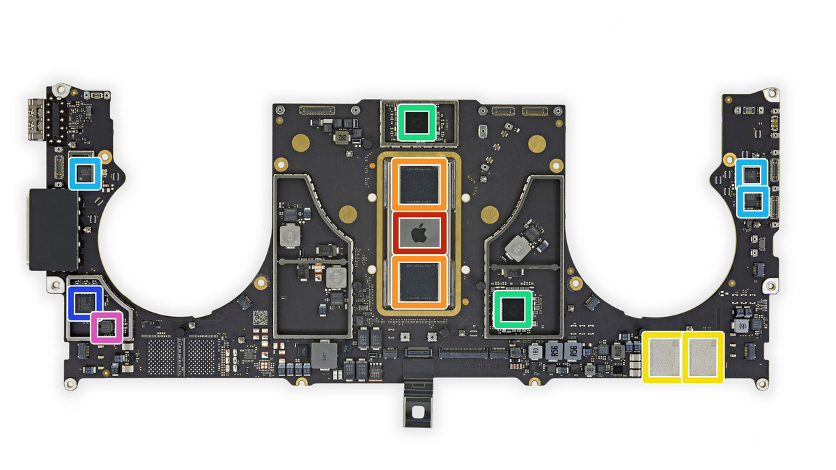 Front of MacBook Pro logic board, with chips highlighted