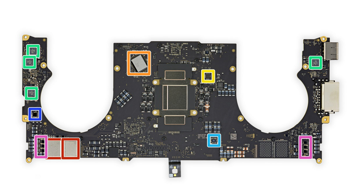 Rear of MacBook Pro Logic Board, with chips highlighted