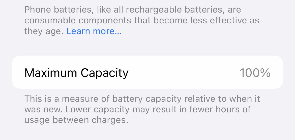 Battery health of an iPhone, found in the settings