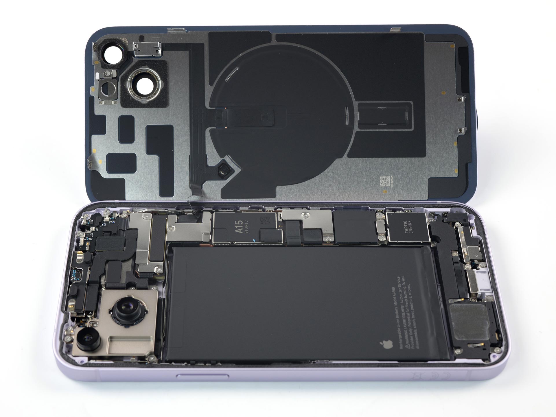 The rear panel of the iPhone 14 Plus lifted up to reveal the internals