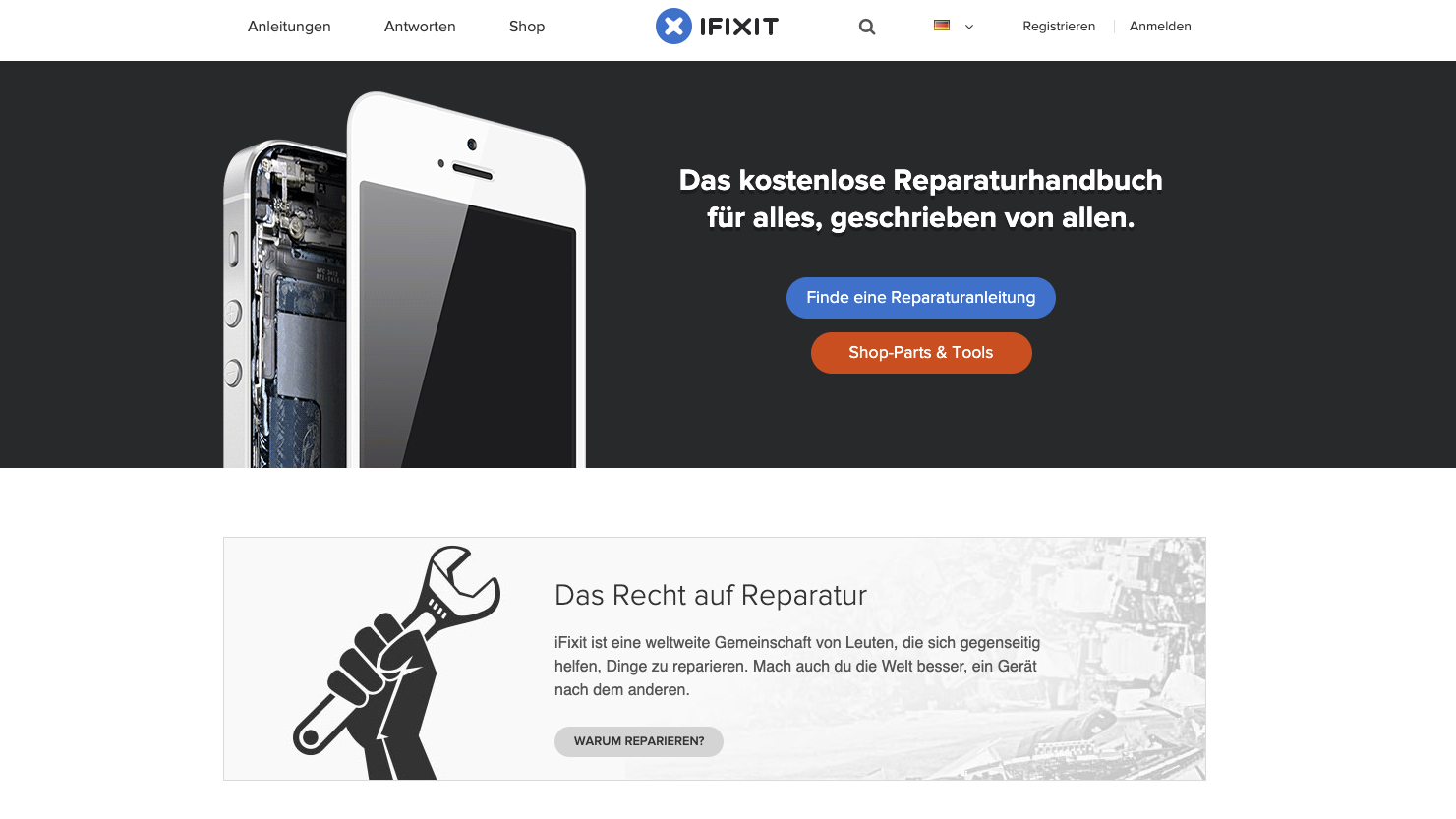 Homepage of the iFixit EU website at launch