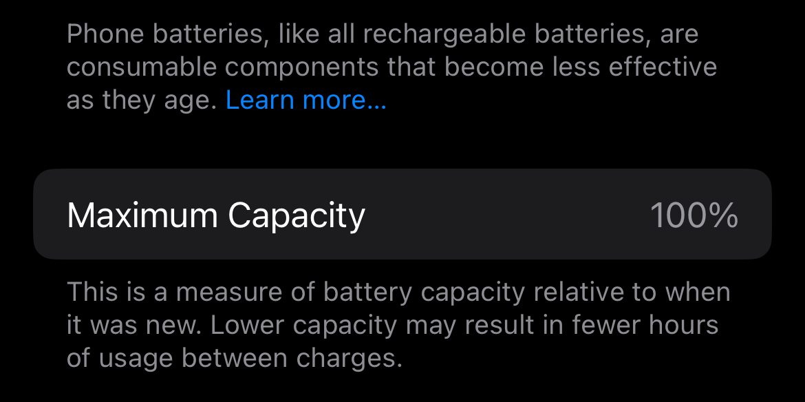 Screenshot of the Maximum Capacity measurement in the iPhone settings