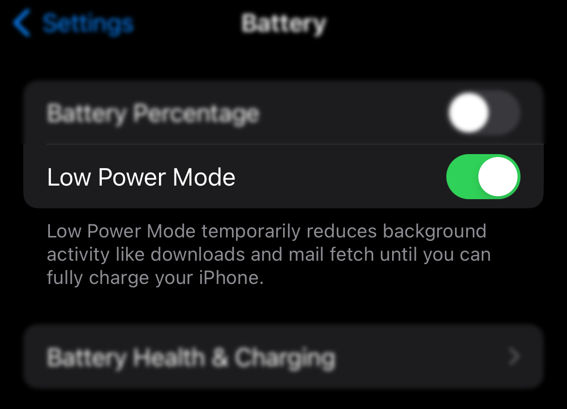 Screenshot of the "Low Power Mode" slider in the iPhone settings