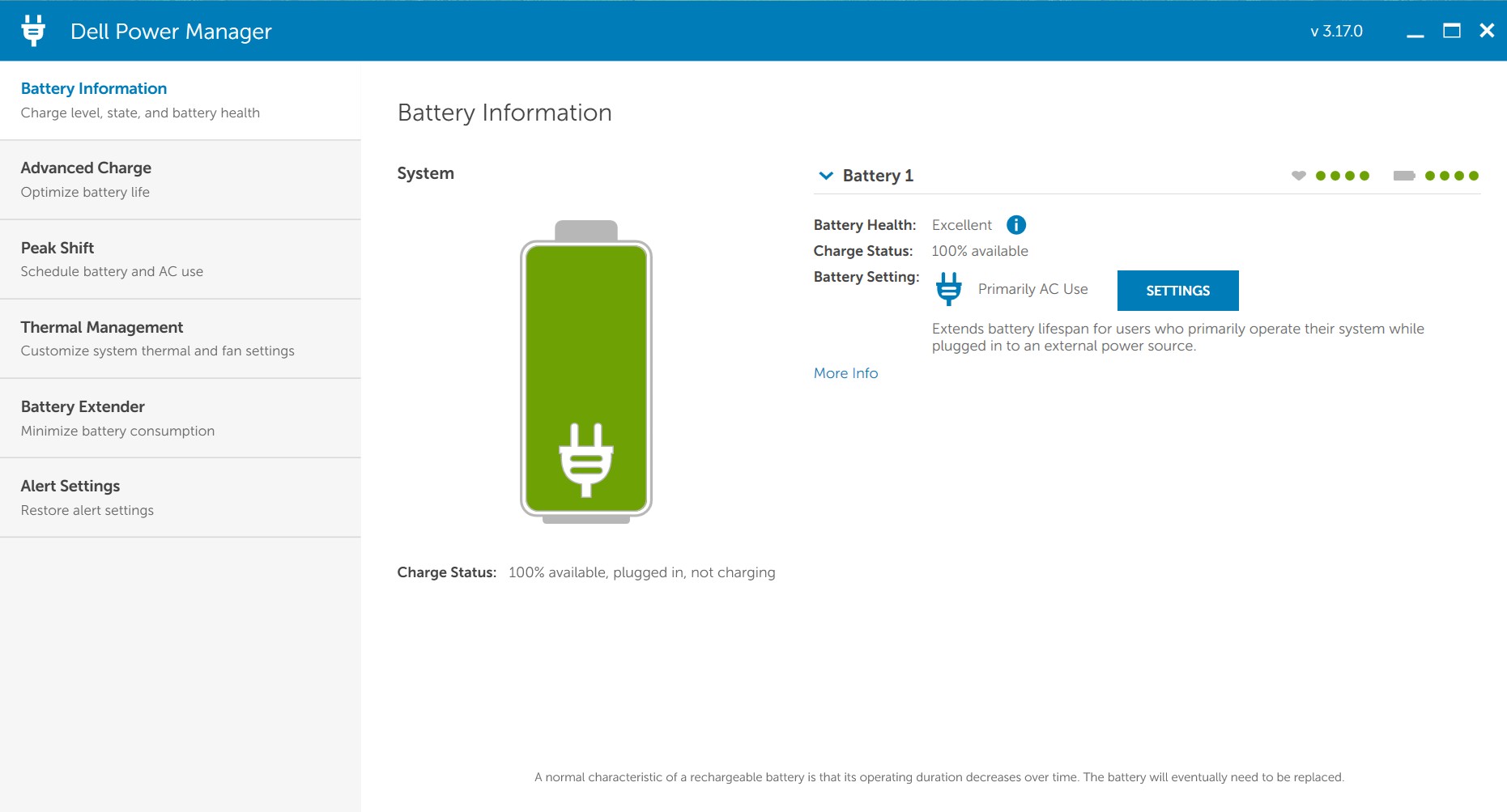 Screenshot of the Dell Power Manager app displaying “Battery Health: Excellent” and 100 % charge on Battery 1.
