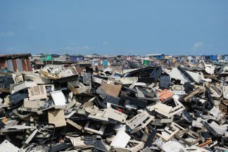 E-waste stacked high in Agbogbloshie, Ghana