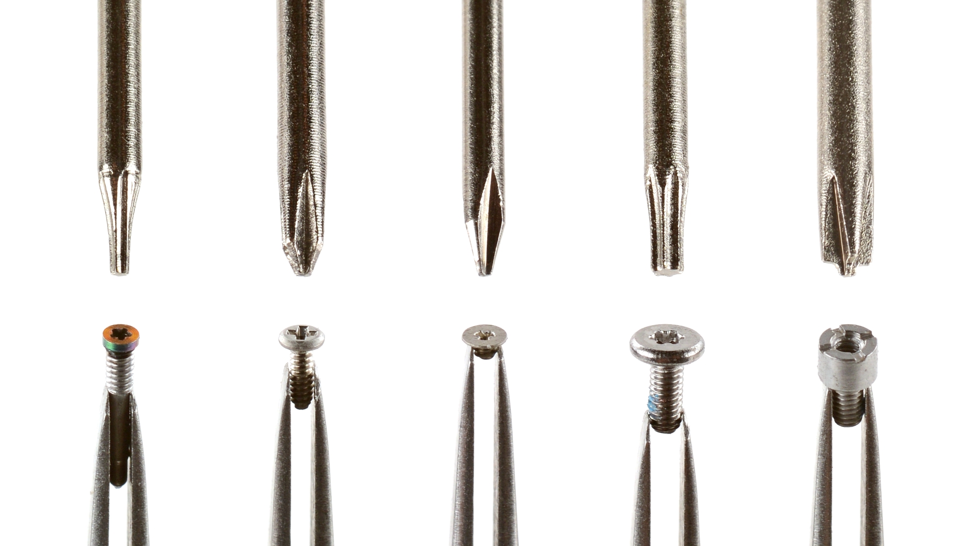 All 5 screwtypes in the iPhone 17 Pro, screws plus drivers