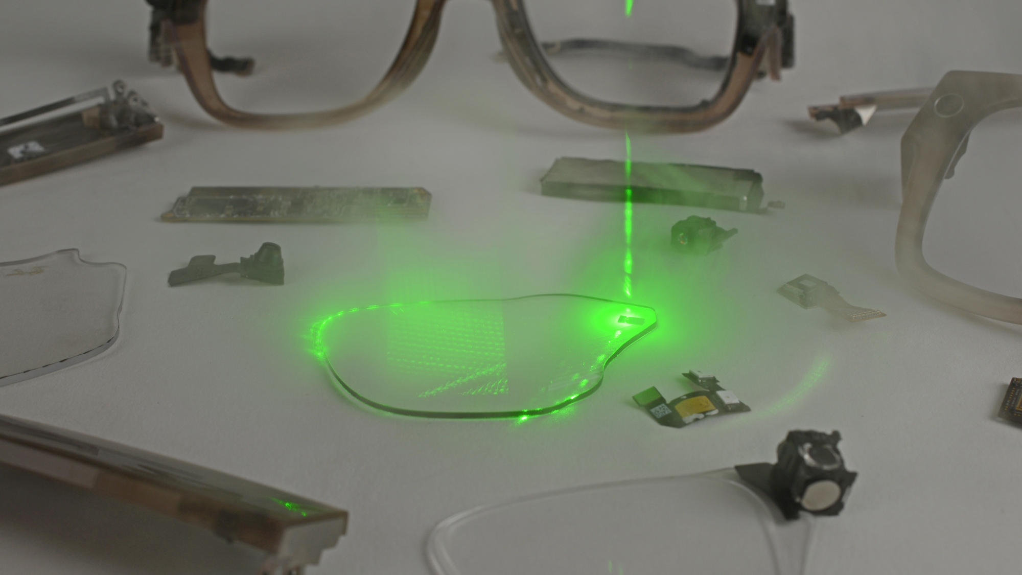 Wave guide of Meta Display glasses lit with a laser