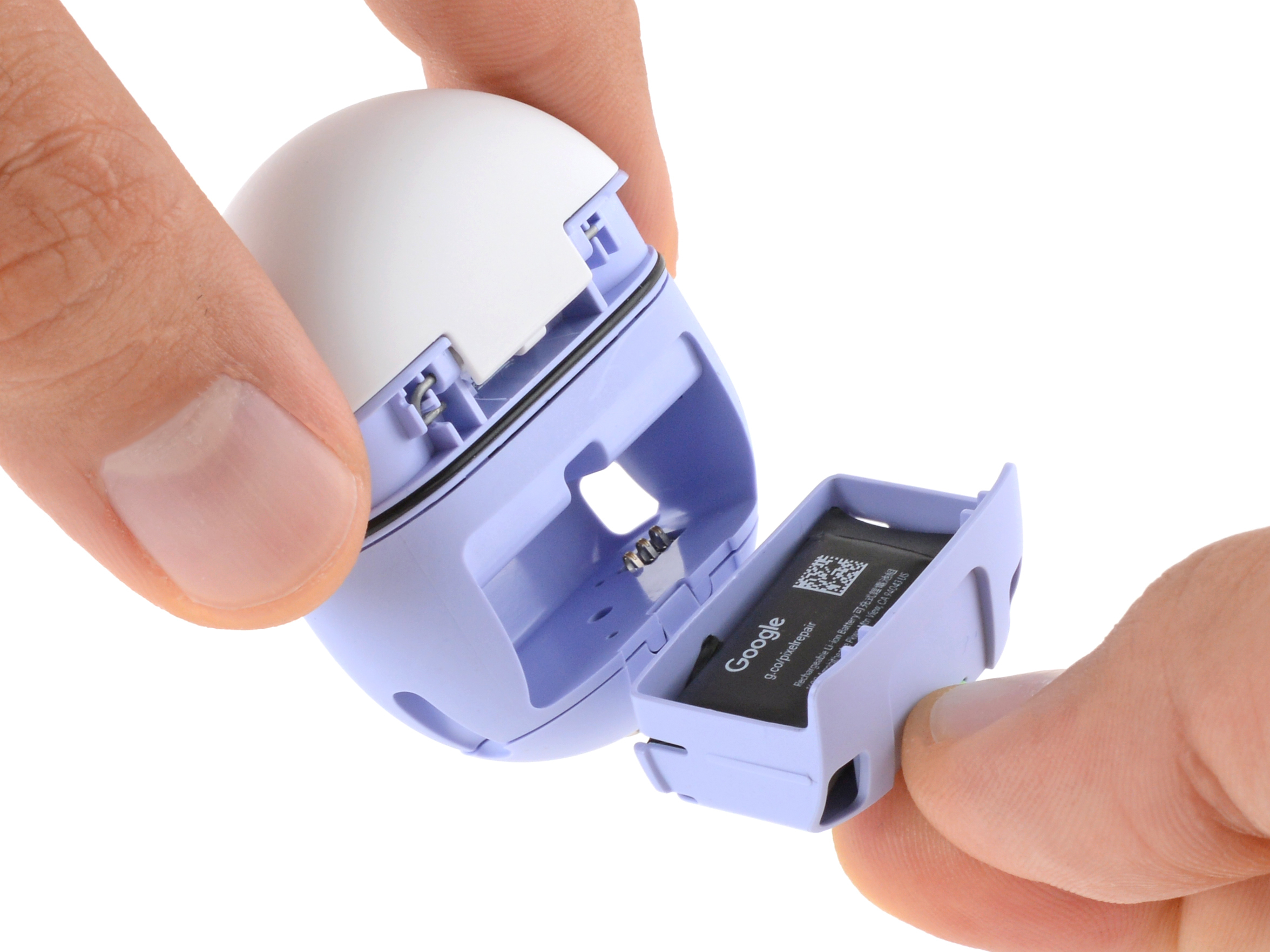 Pulling out the battery tray in the Pixel Buds 2a case